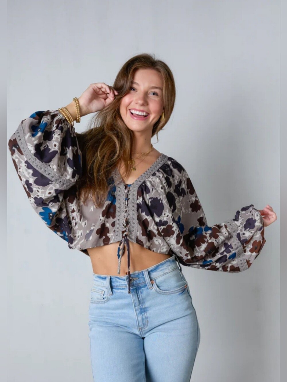 vestique Taupe Floral Tie-Front Puff Sleeve Crop Top with Blue Accents